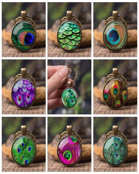 beautiful peacock feather key chains mandala glass cabochon buddhism pendant for men women children creative gift holder keyring9945793, Slivery;golden