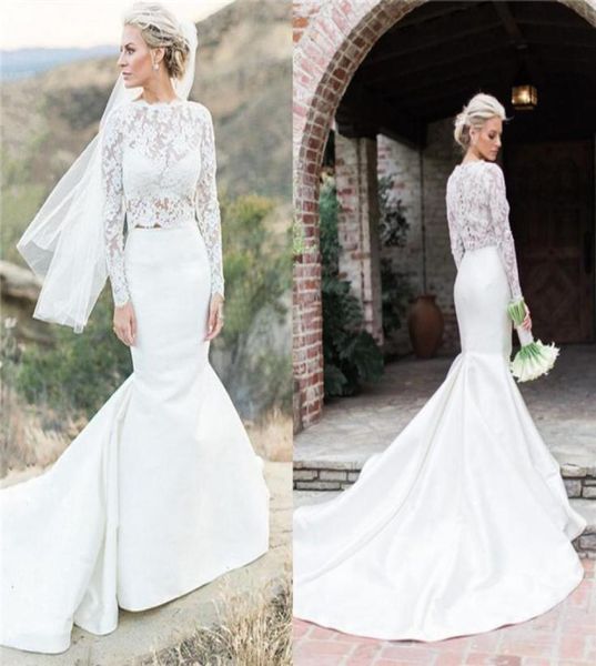 two pieces mermaid wedding dresses with long sleeves lace bridal dresses separate satin train illusion bridal crop 7206253, White
two pieces mermaid wedding dresses with long sleeves lace bridal dresses separate satin train illusion bridal crop 7206253, White