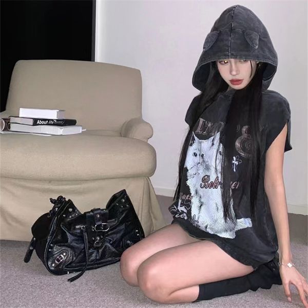 women's hooded sleeveless t-shirt kitten print tank high street blazer for men, White
women's hooded sleeveless t-shirt kitten print tank high street blazer for men, White