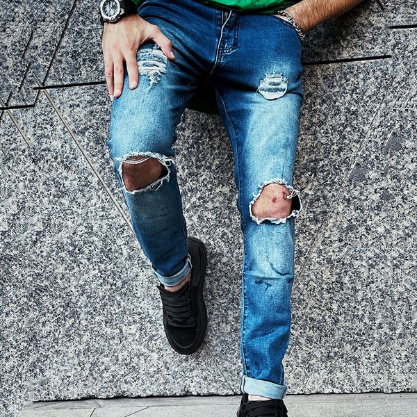 men's jeans ripped casual pants cut rotten trousers denim jeans hole knee slim small feet elastic 230718, Blue
men's jeans ripped casual pants cut rotten trousers denim jeans hole knee slim small feet elastic 230718, Blue