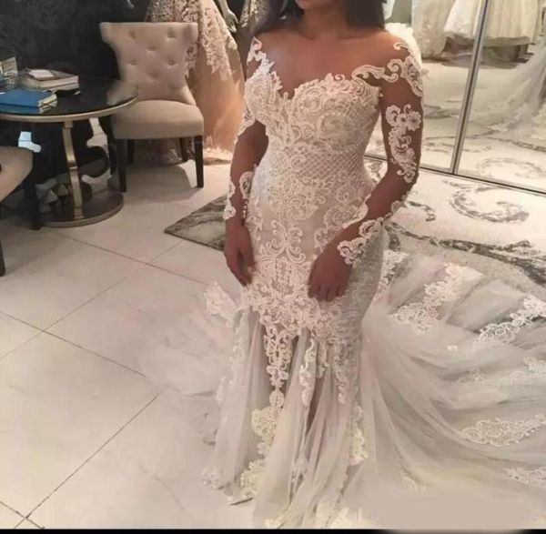 mermaid lace wedding dresses with sheer neckline appliques illusion long sleeves wedding dress see through tulle long train b7374805, White
mermaid lace wedding dresses with sheer neckline appliques illusion long sleeves wedding dress see through tulle long train b7374805, White