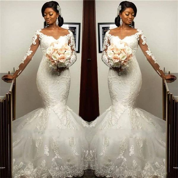 long sleeves mermaid wedding dresses lace applique sheer neck illusion custom made plus size african country wedding gown vestido 2871, White
long sleeves mermaid wedding dresses lace applique sheer neck illusion custom made plus size african country wedding gown vestido 2871, White