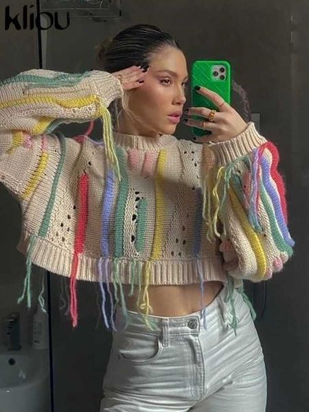 women's sweaters kliou knitted tassel patchwork sweater women winter loose colorful striped full sleeve bare midriff unique panelled cr, White;black
women's sweaters kliou knitted tassel patchwork sweater women winter loose colorful striped full sleeve bare midriff unique panelled cr, White;black