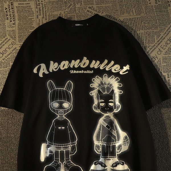 women's tshirt american niche street cartoon hiphop men and women summer loose versatile retro student korean short sleeved tshirt 2307, White