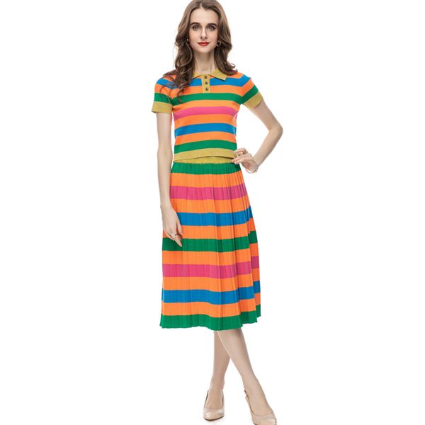 women's runway designer two piece dress turn down collar short sleeves knitted shirt with striped skirt fashion twinset sets, White
women's runway designer two piece dress turn down collar short sleeves knitted shirt with striped skirt fashion twinset sets, White
