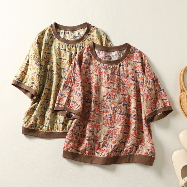 women's t shirt cotton and linen print round neck summer korean version of fashion temperament short sleeved loose casual floral blous, White
women's t shirt cotton and linen print round neck summer korean version of fashion temperament short sleeved loose casual floral blous, White