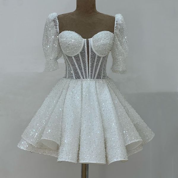 mini wedding dresses 2023 sweetheart short puff sleeves bridal growns sequin pearls above knee a-line vestidos de novia, White
mini wedding dresses 2023 sweetheart short puff sleeves bridal growns sequin pearls above knee a-line vestidos de novia, White