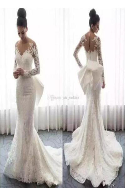2019 lace mermaid wedding dresses sheer neck long sleeves appliques bow saudi arabic bridal gowns with detachable train buttons br5146734, White
2019 lace mermaid wedding dresses sheer neck long sleeves appliques bow saudi arabic bridal gowns with detachable train buttons br5146734, White