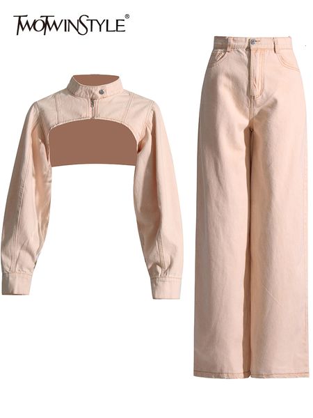 women's two piece pants twotwinstyle pink set for women stand collar long sleeve short straight wide leg denim sets female 230718, White
women's two piece pants twotwinstyle pink set for women stand collar long sleeve short straight wide leg denim sets female 230718, White
