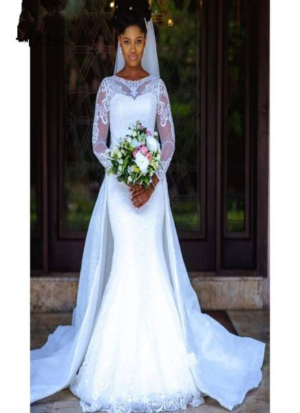 

new romantic plus size 2 pieces african long sleeve lace mermaid wedding dress pure detachable skirt train bridal gowns robe de ma6215942, White