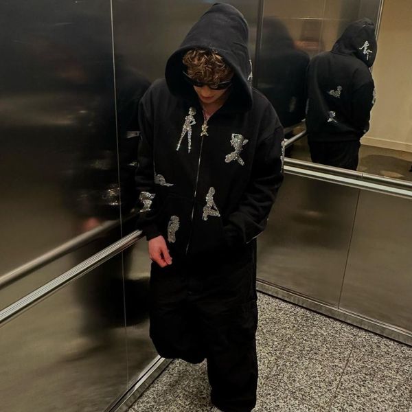 men's goth y2k rhinestone jacket zipper hoodie american street fashion hip hop long sleeve sweatshirt jacket, Black
men's goth y2k rhinestone jacket zipper hoodie american street fashion hip hop long sleeve sweatshirt jacket, Black
