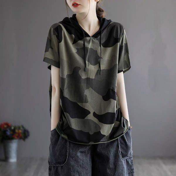 women's t-shirt summer fashion cotton short sleeve hooded t-shirt women camouflage print drawstring vintage oversized loose casual thin, White
women's t-shirt summer fashion cotton short sleeve hooded t-shirt women camouflage print drawstring vintage oversized loose casual thin, White