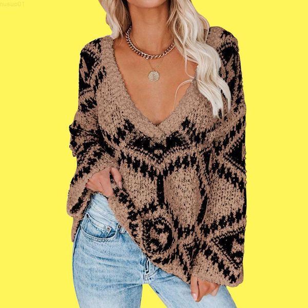 women's sweaters women's sweater 2022 autumn winter mixed color loose lady knitwear deep v-neck korean print casual all-match pul, White;black 
women's sweaters women's sweater 2022 autumn winter mixed color loose lady knitwear deep v-neck korean print casual all-match pul, White;black