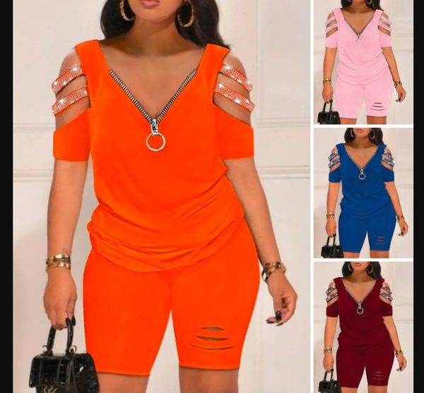 women summer rhinestone cold shoulder cutout zipper & high waist shorts set, Gray
women summer rhinestone cold shoulder cutout zipper & high waist shorts set, Gray