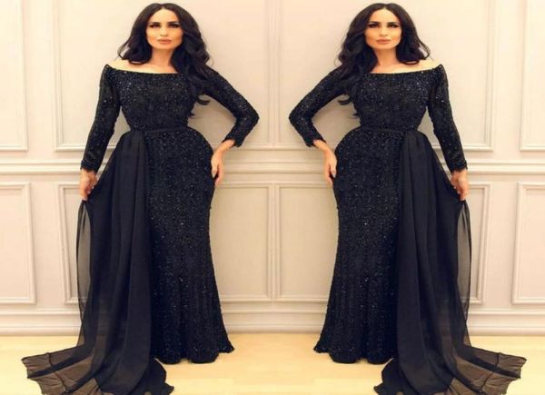 sparkly black sequins prom dress off shoulder long sleeve mermaid celebrity party dress charming middle east arabic arab even8900119