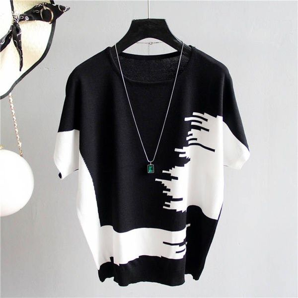 women's t-shirt summer contrast colors sweater pullover women vintage loose knitted short sleeve t-shirt plus size o-neck knitwear cas, White
women's t-shirt summer contrast colors sweater pullover women vintage loose knitted short sleeve t-shirt plus size o-neck knitwear cas, White