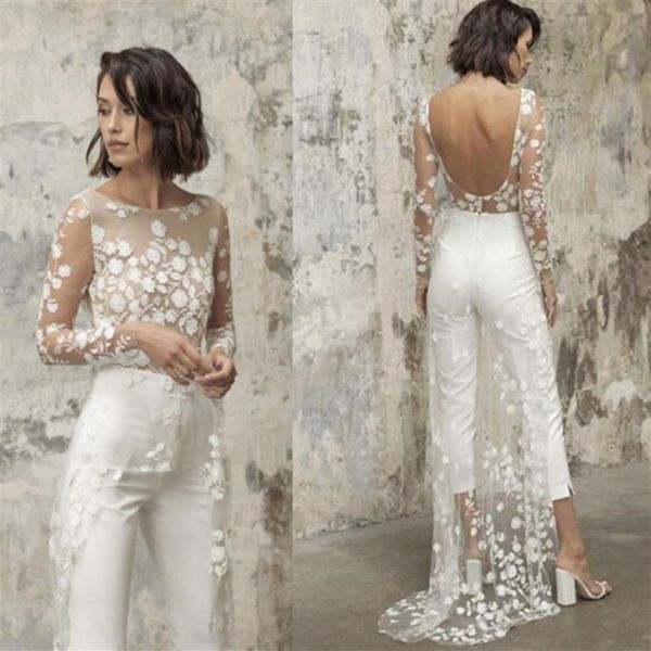 open back jumpsuit wedding dresses with lace overskirts long sleeves bride wedding gowns pant suit vestidos de novia2213, White
open back jumpsuit wedding dresses with lace overskirts long sleeves bride wedding gowns pant suit vestidos de novia2213, White