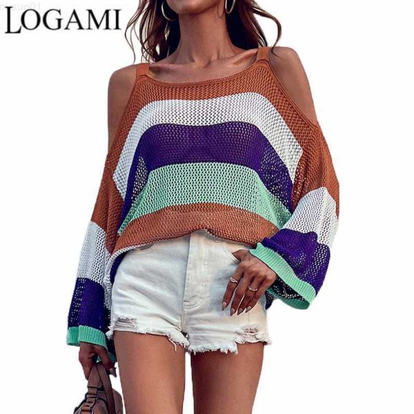 women's sweaters logami hollow out knitwear 2022 rainbow striped off the shoulder sweater women l230718, White;black
women's sweaters logami hollow out knitwear 2022 rainbow striped off the shoulder sweater women l230718, White;black