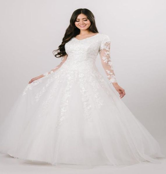 2020 new aline modest wedding dresses with long sheer sleeves v neck sequined lace tulle dropped waist buttons back religious bri6014506, White
2020 new aline modest wedding dresses with long sheer sleeves v neck sequined lace tulle dropped waist buttons back religious bri6014506, White