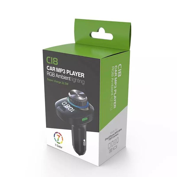 C18 FM Transmitter BT5.3 Car MP3 Player Wireless Hands-free Call 5V3.1A Dual USB and Type-C Port Phone Charger