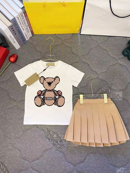 

High Quality Baby Girls Brand Clothing Sets Cartoon Bear Summer Kids Short Sleeve T-shirts+skirts 2pcs Set Children Suit Letters Printed Child Outfits, As picture