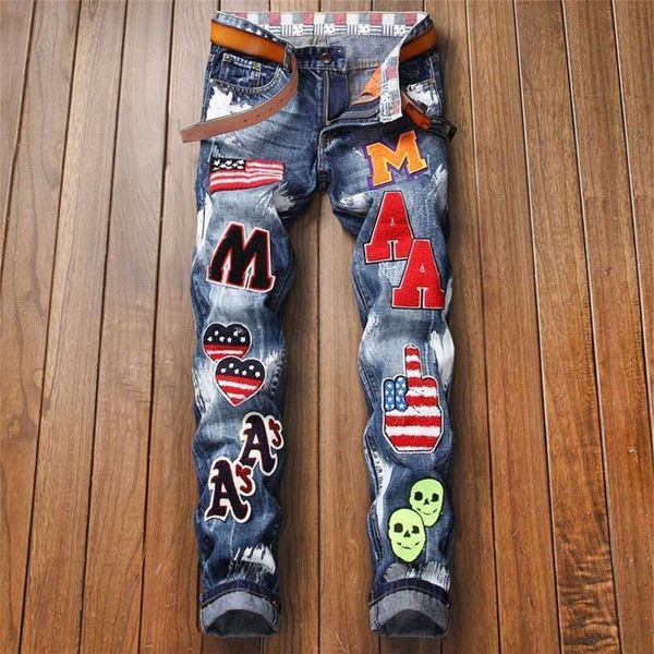 men more badge slim fit jeans straight leg washed fashion designer sreetwear painted biker men's denim pants trousers big size 896, Blue
men more badge slim fit jeans straight leg washed fashion designer sreetwear painted biker men's denim pants trousers big size 896, Blue