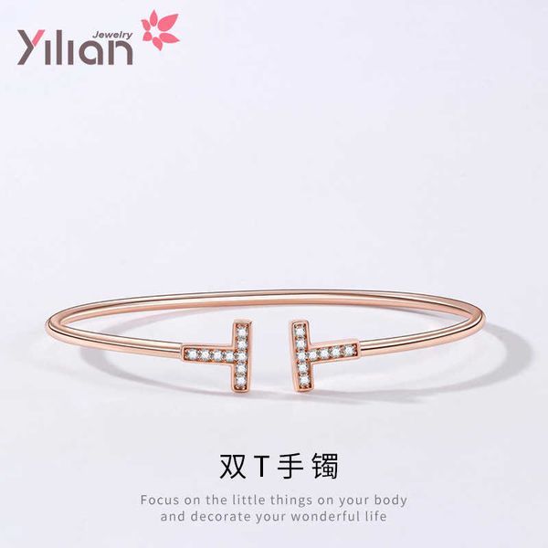 925 sterling silver double t open bracelet letter net red tiffay diamond with 18k rose gold plating, Black
925 sterling silver double t open bracelet letter net red tiffay diamond with 18k rose gold plating, Black