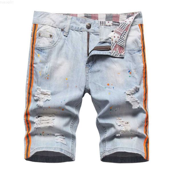men's shorts men neon side stripe denim shorts summer painted holes ripped distressed jeans knee length breeches l230719, White;black
men's shorts men neon side stripe denim shorts summer painted holes ripped distressed jeans knee length breeches l230719, White;black