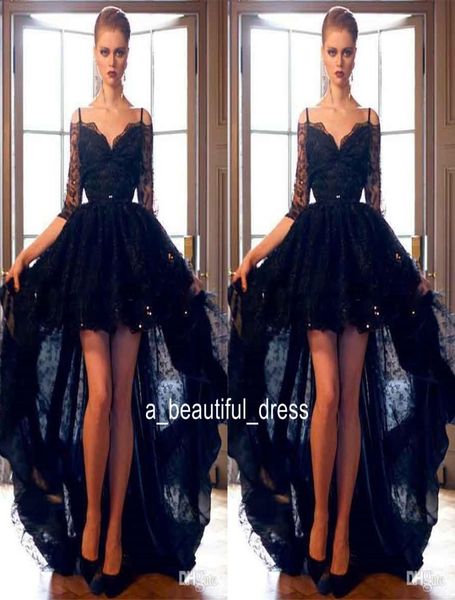 short front long back black lace high low prom dresses with sequins mid sleeves spaghetti straps evening party formal gowns ed12968056253, Black;red
short front long back black lace high low prom dresses with sequins mid sleeves spaghetti straps evening party formal gowns ed12968056253, Black;red