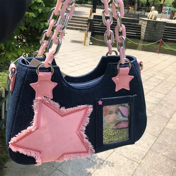 evening bags fashion y2k denim cloth bag cool black harajuku style bag pink star chain women's handbag 230718
evening bags fashion y2k denim cloth bag cool black harajuku style bag pink star chain women's handbag 230718