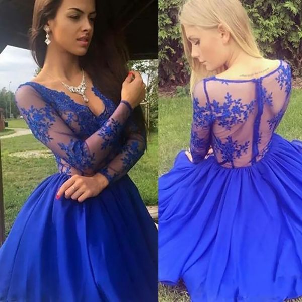 homecoming dresses royal blue lace short mini length v neck chiffon long sleeves formal party gowns, Blue;pink
homecoming dresses royal blue lace short mini length v neck chiffon long sleeves formal party gowns, Blue;pink