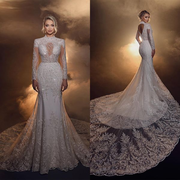 modern mermaid wedding dress high neck lace appliques bridal gowns sweep train custom made backless long sleeve bride dress, White
modern mermaid wedding dress high neck lace appliques bridal gowns sweep train custom made backless long sleeve bride dress, White