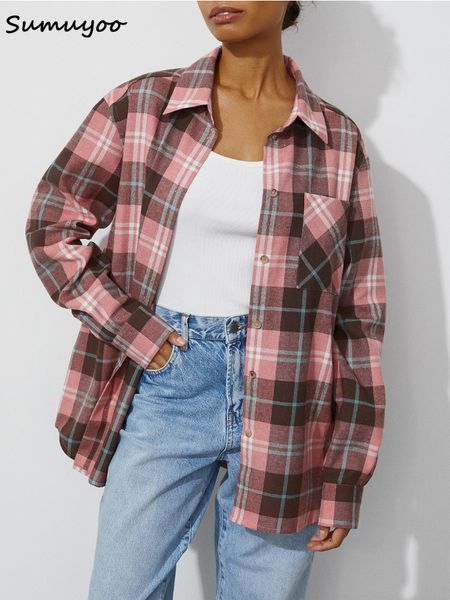 women s blouses shirts sumuyoo women retro plaid turn down collar spring autumn office ladies pink single breasted female 2023 230718, White
women s blouses shirts sumuyoo women retro plaid turn down collar spring autumn office ladies pink single breasted female 2023 230718, White