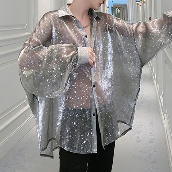 men's tracksuits 2023 starry sky mesh long sleeved shirt loose oversize lapel sun protection see through blouse 230718, Gray
men's tracksuits 2023 starry sky mesh long sleeved shirt loose oversize lapel sun protection see through blouse 230718, Gray