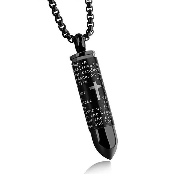 stainless steel male jesus cross scriptures jewelry cremation urn ash pendant bullet necklace9263177, Silver
stainless steel male jesus cross scriptures jewelry cremation urn ash pendant bullet necklace9263177, Silver