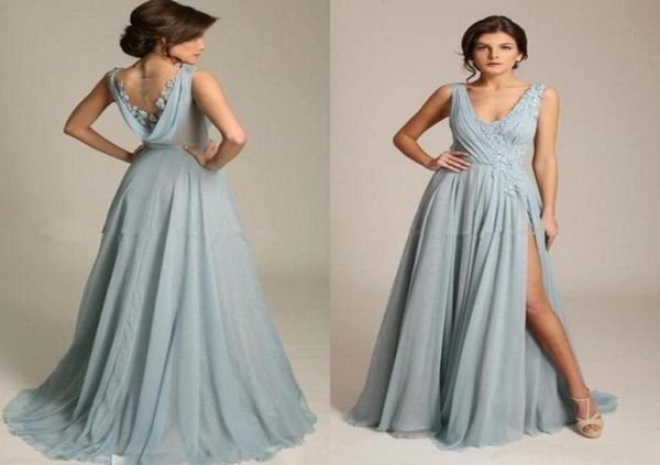 new dusty blue chiffon prom party dresses v neck sleeveless appliques draped back high split formal evening gowns 159776, Black 
new dusty blue chiffon prom party dresses v neck sleeveless appliques draped back high split formal evening gowns 159776, Black