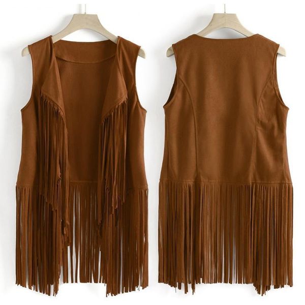 Image of Cycling Shirts Tops Women Vest Sleeveless Leather Autumn Imitation Ethnic Motorcycle Vest Tops Suede Tassels Fringed Jacket Outdoor Sports 230718