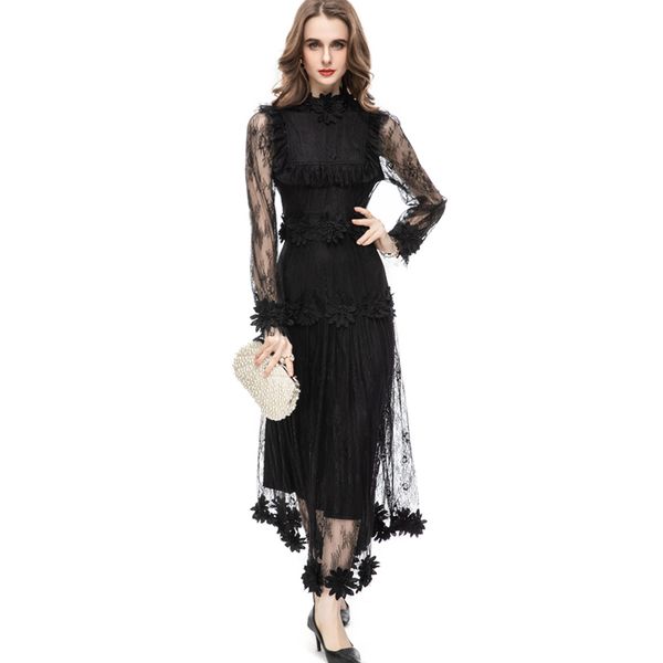 women's runway dresses o neck long sleeves embroidery lace appliques elegant fashion party prom gown, Black
women's runway dresses o neck long sleeves embroidery lace appliques elegant fashion party prom gown, Black
