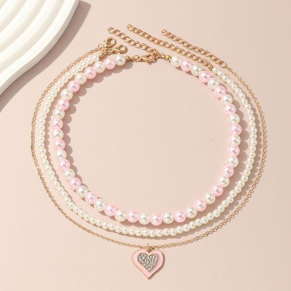 pink pearl triple layer wear drip oil inlaid diamond love necklace set light luxury small neckchain, Silver
pink pearl triple layer wear drip oil inlaid diamond love necklace set light luxury small neckchain, Silver