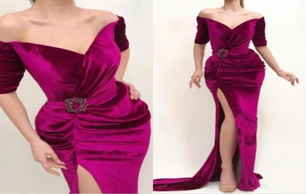 velvet mermaid prom dresses off shoulder half sleeves pleats side split evening dress with sash beads party robe de soiree4678815, Black
velvet mermaid prom dresses off shoulder half sleeves pleats side split evening dress with sash beads party robe de soiree4678815, Black