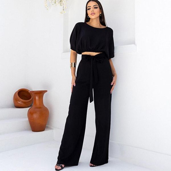 women's set 2023 fashion casual women's set round neck short sleeve lace up high waist pants women's two piece set, White
women's set 2023 fashion casual women's set round neck short sleeve lace up high waist pants women's two piece set, White