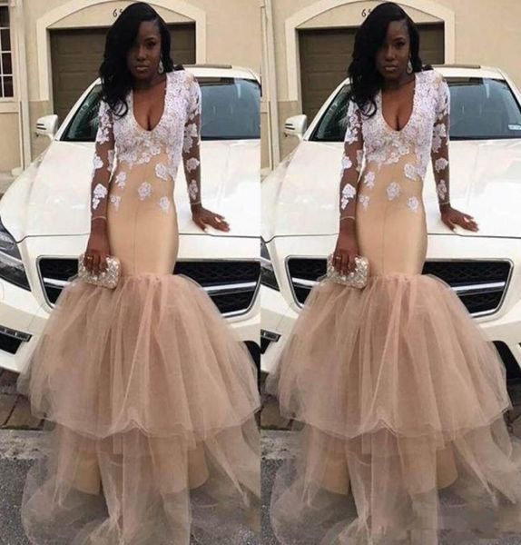 2019 deep v neck champagne prom dresses long sleeve tiered tulle skirt long mermaid formal party evening dresses special occasion 1615302, Black
2019 deep v neck champagne prom dresses long sleeve tiered tulle skirt long mermaid formal party evening dresses special occasion 1615302, Black