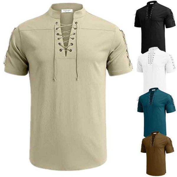 theme costume men's shirt beach shirt short sleeved tie up hippie t-shirt v-neck pirate shirt, Black;red