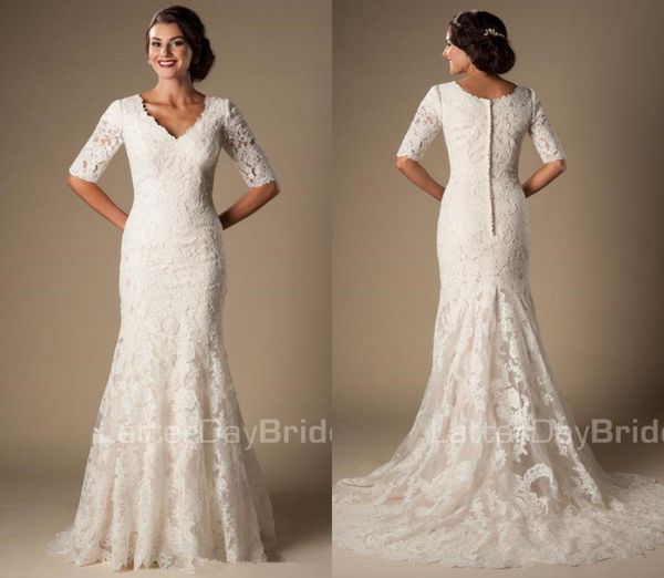 ivory vintage lace mermaid modest wedding dresses with half sleeves v neck elbow sleeves length temple wedding gowns vestido de no1520528, White
ivory vintage lace mermaid modest wedding dresses with half sleeves v neck elbow sleeves length temple wedding gowns vestido de no1520528, White