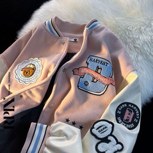 women s jackets cartoon bear embroidered baseball jacket women american college style stitching oversized trend uniform 230718, Black;brown
women s jackets cartoon bear embroidered baseball jacket women american college style stitching oversized trend uniform 230718, Black;brown