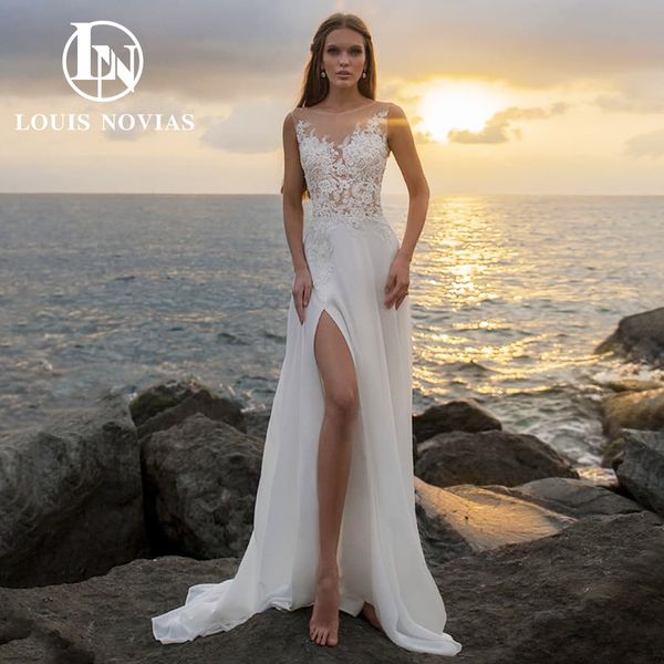 classy a-line wedding dress 2023 romantic invisible neckline applique thigh-high slits lace dress for bride vestidos de novia, White
classy a-line wedding dress 2023 romantic invisible neckline applique thigh-high slits lace dress for bride vestidos de novia, White