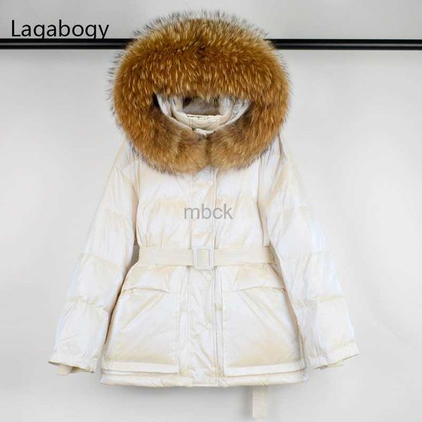 women's down parkas glossy women winter duck down warm coat hooded parkas female loose puffer jackets with belt large real raccoon fur, Black