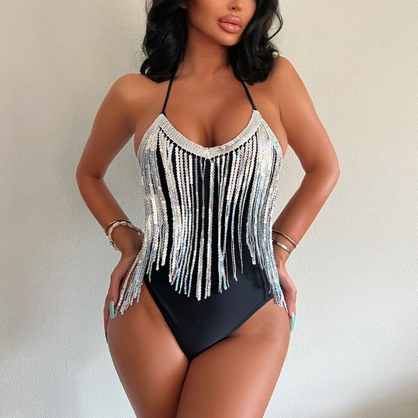 women's swimwear backless sequin fringe patchwork one-piece swimsuit beachwear, White;black
women's swimwear backless sequin fringe patchwork one-piece swimsuit beachwear, White;black