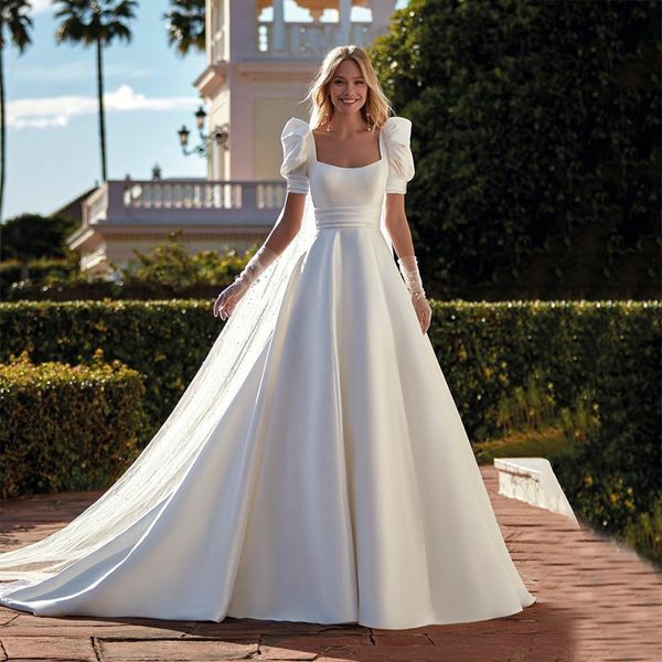 elegant square neck a line wedding bridal dresses short sleeve backless satin ruched church wedding gowns, White
elegant square neck a line wedding bridal dresses short sleeve backless satin ruched church wedding gowns, White