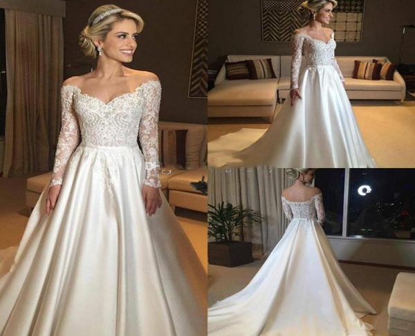 2019 a line lace and satin wedding dresses of the shoulder long sleeve ribbon floor length bridal wedding dresses button back 8956988, White
2019 a line lace and satin wedding dresses of the shoulder long sleeve ribbon floor length bridal wedding dresses button back 8956988, White
